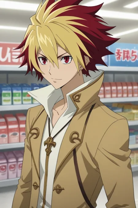 score_9, score_8_up, score_7_up, source_anime, rating_safe, , anime screencap, , official style, , depth of field, 1boy, solo, male focus, <lora:takuto_tsunashi_pony:0.98>, takuto_tsunashi, red hair, red eyes, spiked hair, bangs, multicolored hair, two-tone hair, dyed bangs, blonde hair, asymmetrical, store, convenience store, noon, arm support, laughing, viking costume, <lora:sdxl_lightning_8step_lora:1>