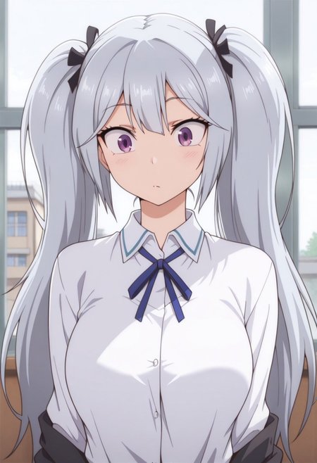 masterpiece,best quality,amazing quality, sakai tama, purple eyes, long hair, grey hair, twintails, 1girl, solo, ribbon, school uniform, shirt, indoors, collared shirt, neck ribbon, white shirt, window, blue ribbon, upper body, black ribbon