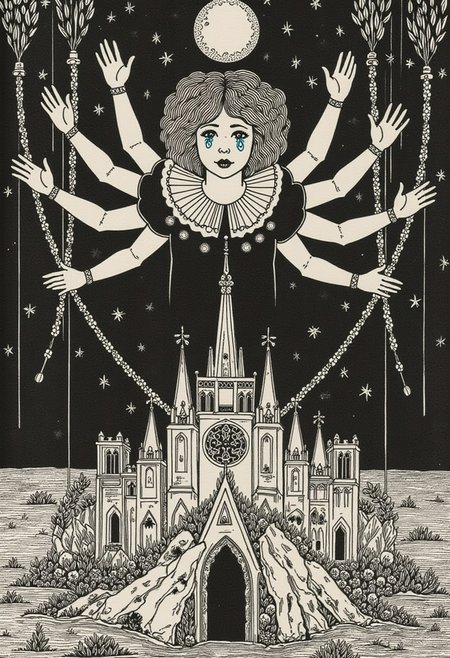 aubreybeardsley1 illustration  A moon-faced child with eight arms and a harlequin collar levitating above a collapsing cathedral made from ink-blotted teeth and strings of pearls; her expression is beatific and empty, with only her eye tears rendered in a shimmering sapphire blue, turning the entire image into a celestial satire as imagined by a decadent ink-sorcerer from another realm.