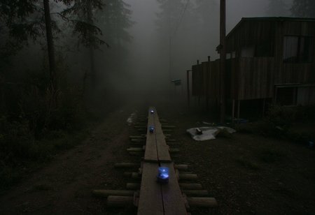 score_9, score_8_up, score_7_up, score_6_up, intricate, intricate details, intricate lighting, swamp, wooded swamp, (creepy:1.5), (unsettling:1.5), (night time:1.5), trees, gnarled trees, trees without leaves, bare trees, wooden walkway, wooden path, old wooden path, broken boards in pathway, worn down wooden pathway, fog, low hanging fog, thick fog, fog above ground, candles on wooden path, candles leading down pathway, blue candle light, moon light, night, dark, darkness, dilapidated and haunted house in distance, house in the distance, haunted house in the distance, flashlight left on pathway, taken by Kodak MC3 camera, taken by Kodak camera, taken by low quality camera, aidmasilenthill