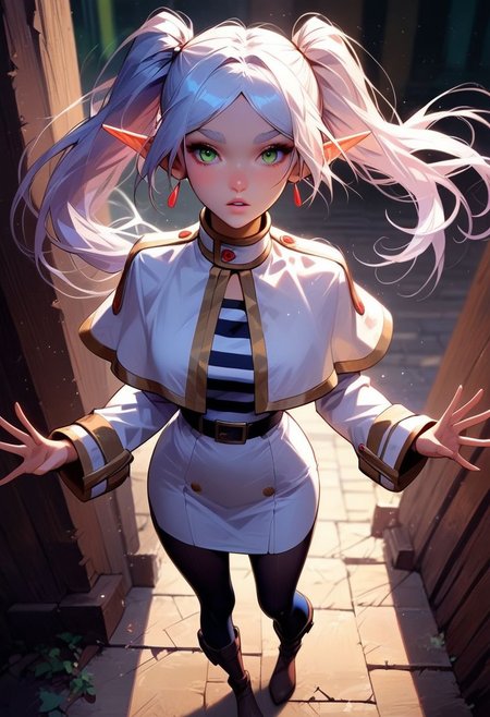 score_9, score_8_up, score_7_up, Expressiveh, 
1girl, frieren, \(Frieren Beyond Journey's End\)/,(ultra HD quality details), pointy ears, twintails, green eyes, elf, long hair, white hair, parted bangs, pale skin, thick eyebrows,
one sexy girl, female focus, lustrous skin, parted lips, slender, large breasts, 
striped shirt, white capelet, boots, brown footwear, long sleeves, white skirt, black pantyhose, white dress, belt,
HD32k, expressiveh, arched back, sexy pose, perfect body, wide hips, narrow waist, supermodel pose, chest thrust out, outdoors, sun high in the sky, well lit, standing, eyes closed, 3/4 angle view, three quarter view, view from below, (head titled up:1.4), arched back, contrapposto pose, (3/4 view:1.5),