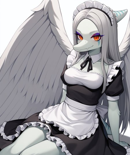 score_9, score_8_up, source_anime, highres, hi res, best quality, masterpiece, 2d, intricate details, official style, anime, 4k, anime style,
1girl, solo, female, long hair, red eyes, grey hair, orange eyes, makeup, eyeshadow,
breasts, tail, wings, colored skin, furry, feathered wings, furry female, white wings, body fur, grey wings,
maid headdress, maid uniform, maid apron, maid dress, black dress, frills, frilled dress, frilled sleeves, frilled skirt, 
sitting, leaning back, cowboy shot, looking at viewer, simple background, white background, <lora:Fang1024_Pony:1>, fang \(gvh\), pterodactylus,