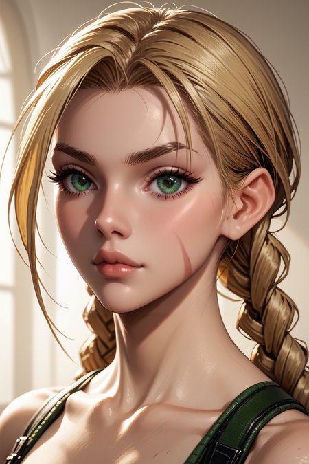 score_9, score_8_up, score_7_up,
<lora:SFCammy:0.9>
SFCammy, 1girl, blonde hair, long hair, twin braids, green eyes, looking at viewer, portrait