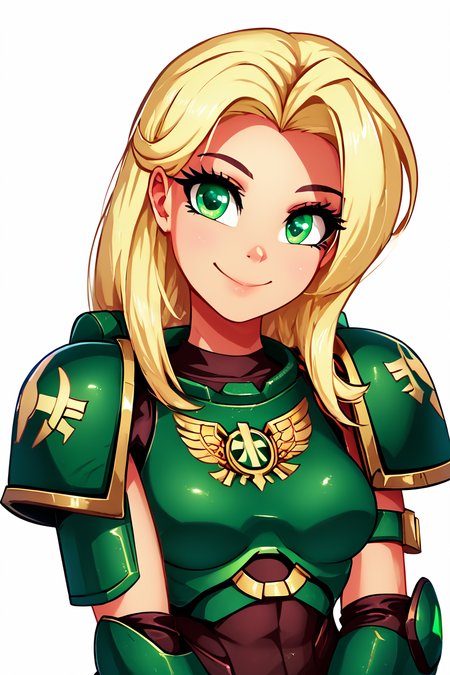 score_9, score_8_up, score_8, medium breasts, (curvy), cute, eyelashes,       BREAK, , zzDarkAngel, 1girl, long hair, simple background, white background, green eyes, weapon, gun, pauldrons, shoulder pads, power armor shoulder armor, arrow (symbol), green theme, cowboy shot, <lora:Dark_Angels_Warhammer_40K_PDXL_v2:0.8>, , BREAK, looking at viewer,  smile, upper body, leaning forward, head tilt,  embedding:zPDXL, Expressiveh, <lora:theButcherXPDXL:1.0>, <lora:CatalystStylePDXL:0.6>,  <lora:SDXLFaeTastic2400:0.5>,  <lora:Expressive_H-000001:0.4>,