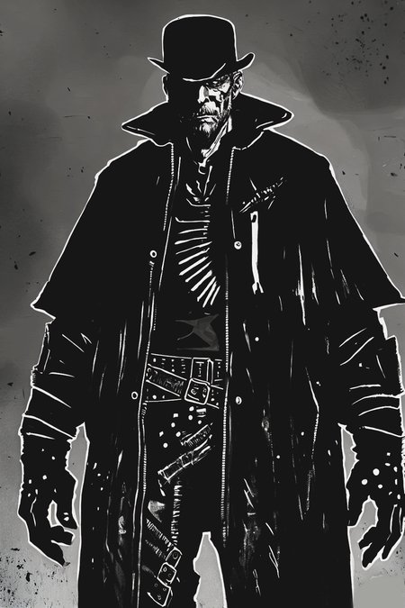 g_raphic, ink paint portrait of a techno cowboy warrior ((in environment)), unfriendly gaze, dramatic light, (((photo award winner))), <lora:g_raphic-000009:0.6>
