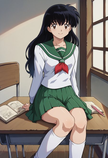 score_7, score_8_up, score_7_up, source_anime, 1girl, solo, looking at viewer, <lora:EPinKagumeSDXL-13:1.0>, EPinKagome, black hair, brown eyes, long hair, detailed background, cowboy shot, indoors, pleated skirt, miniskirt, skirt,smiling, desk, homework, library, green sailor collar, loafers, sitting, shoes, white socks, long sleeves, serafuku, sailor collar, socks, neckerchief, school uniform, green skirt, arms behind back