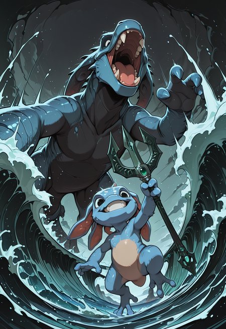 embedding:IllusP0s, codex sss chroma, dynamic angle, low angle view, from below, wide shot,
BREAK
(1boy, fizz, yordle, amphibian, blue skin, holding one trident, mischievous grin, jumping in foreground:1.2)
BREAK
a giant prehistoric shark, megalodon, animalistic, scarred grey hide, soulless black eyes, rows of serrated teeth, jaws wide open in a roar, emerging from the depths behind fizz, no arms, no legs, summoning, magic, water splash, waves, sea surface, foam, ocean, water
BREAK
stormy sky, dark clouds, dramatic shadows, motion blur, school of fish fleeing, sunken ship in background