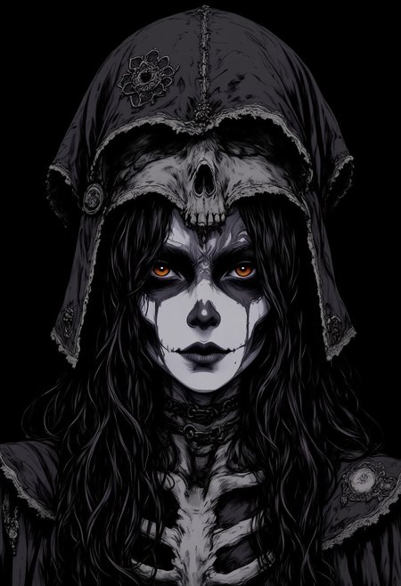 in the style of cksc, anime, monochrome ink and crayon art with spot colour, portrait of beautiful oriental female shaman, long black hair with skull-themed helmet, black and white face paint in a skull fashion, burning bright eyes, chiascuro, looming out of a black background, high contrast, erotic, sexy