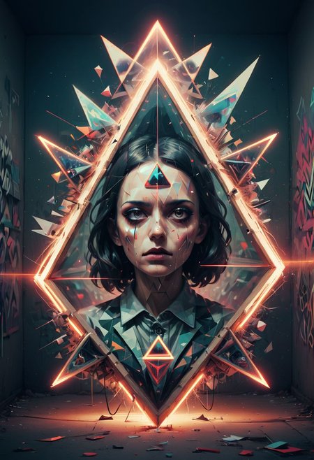 Surreal graffiti, glitchcore, double exposure, poster style, geometric, triangles, glitchy, eerie, lights, occult, dark,