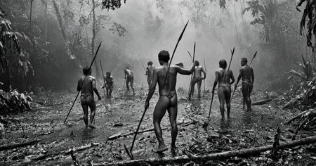 black and white photograph of few indigenous people hunting with spears and sticks in the amazonian rain forest, insane details, dramatic lights, high definition, 35mm camera, film photography style, heavy grain, ral-chrosc-bw, masterpiece, national geographic style, strong vignette, high contrast