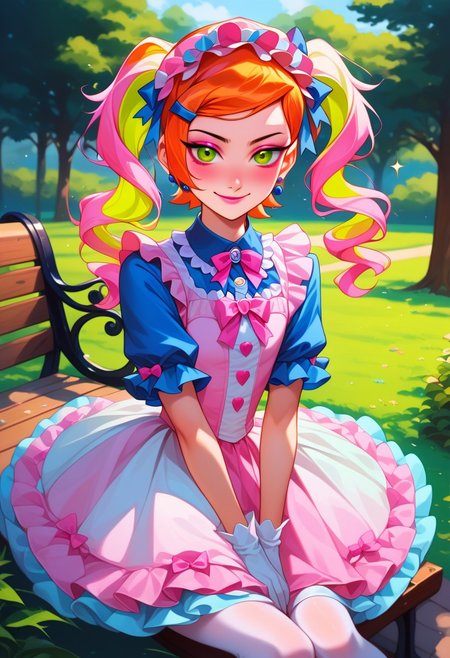 score_9, score_8_up, score_7_up, source_anime , 1girl, gwen tennyson (/Ben10)/, (ultra HD quality details), bright orange hair, pastel hair, long twintails, girly twintails, hair bows, multiple hair bows, very long hair, gradient hair, multicolored hair, pastel streaked hair, masterpiece, best quality, absurdres, 
(pastel theme, lolitafashion:1.2), pastel lolitafashion, sweet lolitadress, pink shiny lolitadress, victorian dress, kawaii, cute, moe, puffy pink dress, petticoat, puffy sleeves, pastel colors, pastel pink, pastel blue, frilled bell skirt, pastel pantyhose, pastel dress, puffy sleeves, gloves, pastel headdress, many bows, multiple bows, ribbons, frills, frilled fabric, center frills, sparkles, glitter, cute lolitashoes,
lipstick, long eyelashes, eyeshadow, eyeliner, mascara, blush, pastel makeup,  
outdoors, nature, park, park bench, 
(solo:1.2), sitting, on bench, full body, dynamic pose, dutch angle, looking at viewer, v arms, half-closed eyes, happy smile, closed mouth,
intricate, highly detailed, majestic, shallow depth of field, movie still, circular polarizer