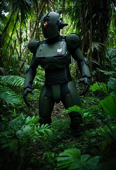 easynegative, extremely detailed, dark, chiaroscuro, low-key, AssaultronCosplay, a green assaultron robot, black tiger stripes, in the jungles of vietnam