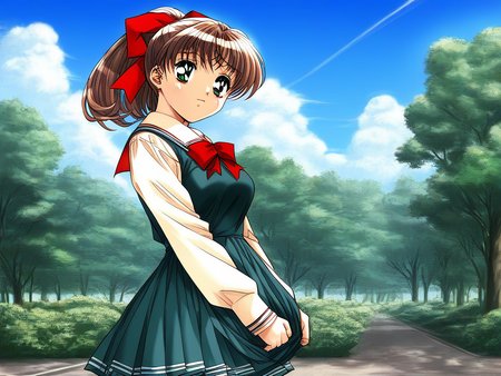 score_9, score_8_up, score_7_up, source_anime, rating_explicit, BREAK <lora:Sunohara_Suzuha_XL:0.9> Sunohara_Suzuha, brown hair, green eyes,  medium hair, ponytail, medium breasts,
1girl, solo, day, sky, tree, school uniform, outdoors, long sleeves, dress, skirt,
