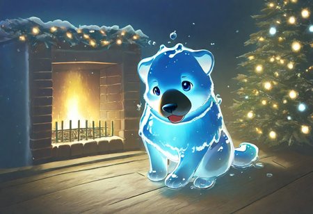 night, glowing lights, cozy feeling, warm light from a fireplace, walls are decorated with christmas tree cuttings, infront of the fireplace sits a circle of mice.
no humans, solo, 1 boy, liquid body, blue skin, see-through body, dark blue eyes, water body, bubbles in body, water dog, dog, furry, water elemental, solid blue eyes, translucent skin, full body,easynegative, score_9, score_8_up, score_7_up, animal christmas, easynegative, water element, water, FFCB, Anime, Simple Anime