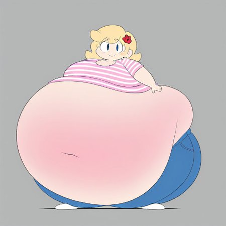 HappyLikeAWall, 1girl, black eyes, single hairflower, closed mouth, blue eyes, blonde hair, pink striped shirt, jeans, gigantic belly,