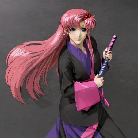 lacus clyne, cute, asian, satin silk kimono, black kimono, long sleeves, long hair, pink hair, hair ornament, wielding katana, japanese sword, dojo, full body image