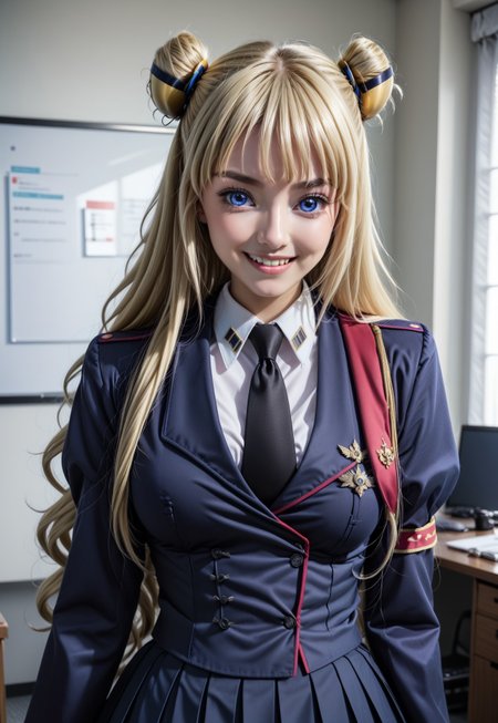<lora:leila_malcal_CGA_pony:1>leila malcal, military uniform, hair accessories, 1girl, solo, bangs, long hair, blue eyes, pleated skirt, blonde hair, very long hair, purple eyes, necktie, office, hair bun, double bun,  cheerful, smile, cowboy shot, standing  looking at viewer,  <lora:Add_more_details_pony:0.8> black stocking, zettai ryouiki, proportional body, frilled sleeves, photorealistic, Japanese girl