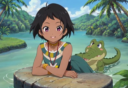 masterpiece, best quality, absurdres, 4k, 8k, (anime coloring, anime screencap, megami magazine:1.3), retro artstyle, 2000s \(style\), choim, short hair, black hair, dark-skinned female,1_girl,girl,purple eyes,dress, jewelry, dark skin, necklace, bracelet, wristband, ,choi mochimazzi, choker, sleeveless, blushing,parted lips,(smile, happy),looking at viewer, smug, barefoot, anklet,Choi is her verry little size, jewelry,Choi is her lying on stomach,feet, barefoot,foot_focus.
Tick Tock crocodile(view from away of Choi),fat,giant,male animal,animal,open large mouth ,green skin, blushing,blue eyes, Tick Tock the crocodile is giant and very huge size,teeth,look viewer,smile, happy,Tick Tock the crocodile swimming in the water,his head exposed,Tick Tock the crocodile head emerged in the water river,looking at viewer
Jungle,vegetation,river water,trees, tropical_junglebackground colorfull,tropical_island,southern island,Choi behind the river and tick Tock the crocodile, on dry land
(Disney),(manga_anime)