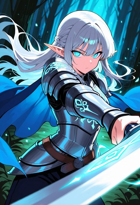 score_9, score_8_up, score_7_up, breathtaking, masterpiece, best quality, newest, absurdres, highres, embedding:lazypos, 1girl, solo, elf, long silver hair, glowing blue eyes, intricate silver armor, enchanted sword, battle-ready stance, flowing blue cape, delicate elven features, ornate pauldrons, magical runes, moonlit forest, mystical aura, soft ethereal glow, fantasy setting, detailed background, depth of field, dynamic pose, dramatic composition, foreshortening, detailed background, dynamic pose, dynamic composition,dutch angle, detailed backgroud,foreshortening,blurry edges, by saniiwan, by abbey and bear