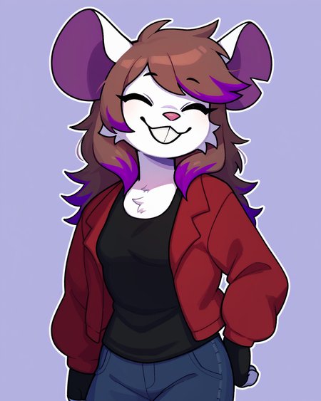 score_9_up, score_8_up, score_7_up, score_6_up, half-length portrait, female, brown hair, multicolored hair, purple highlights, eyes closed,  mouse, white fur, small breasts, furry, red jacket, black tank top,  black jeans, fingerless gloves, happy, smile, grin, head tilt, solo, three-quarter view, simple background, white outline, <lora:Leah_Pines(AIM)_XL_v1:0.15> <lora:PDXL_artist_tags_v2_big:0.5> <lora:The-Minuscule-Task_PDXL_v1.0:0.6>  <lora:Millie_justm1llie:0.7>