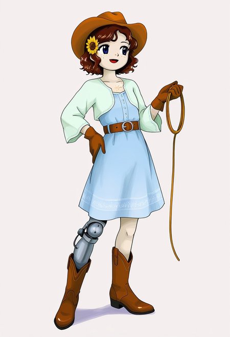 watercolor, aesthetic, colorful, jaggy lines, zun \(style\), BREAK,  1girl, solo, (short, flat chest, small body, freckles, dark brown hair, short hair, wavy hair, blue eyes, cowboy hat, (sunflower in hair), green blouse, long sleeves, blue summer dress, leather belt, brown cowboy boots,, leather gloves, holding lasso (amputee, prosthetic leg, below knee prosthesis)), standing, full body, one hand on hip, laughing, simple background