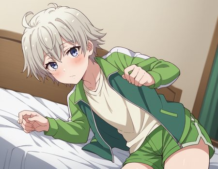 score_9, score_8_up, score_7_up, source_anime,
saikatotsuka, <lora:saika-totsuka-s2s3-ponyxl-lora-nochekaiser:1>,
saika totsuka, blue eyes, ahoge, grey hair, androgynous,
jacket, green jacket, shirt, white shirt, open jacket, shorts, green shorts, raglan sleeves,
indoors, bed, bed room, on side, blush, drunk,
looking at viewer, cowboy shot, solo, dutch angle,