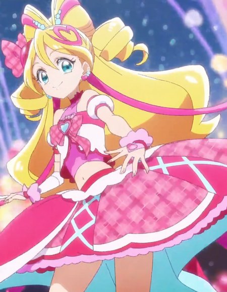 score_9, score_8_up, score_7_up,source anime,absurdres, anime screencap,solo,1girl,cureidol,  pink skirt, smile, skirt, jewelry, earrings, navel, looking at viewer, pink bow, midriff, magical girl, bow, heart, plaid, hair ornament, idol ,cowboy shot,medium breasts,<lora:cureidol_pony:0.8>