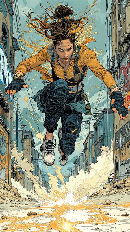 High-energy illustration of a determined woman mid-air in a powerful jump kick, muscles tensed, expression fierce with focused eyes. Wearing a sleek athletic outfitâcompression leggings, sports bra, fingerless glovesâhair tied in a high ponytail, strands flying with her motion. Urban training ground with graffiti-covered walls, motion blur emphasizing speed, dust and sparks kicking up on impact.  dynamic foreshortening, muted colors with neon highlights,  fluid motion lines <lora:Illustration_Style_IV:0.7000000000000001> <lora:Blue_Future:1.0>