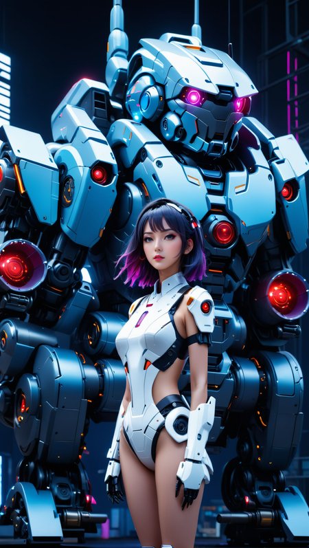 neonpunk style ((full_shot:1)),wide_shot,panorama,cowboy_shot,(a girl sits on the robot arm:1.2),the mecha set wraps around the whole body,(wearing a gray high-heeled shoe with technological light elements:1.2),a girl wearing a mecha style,a set full of technological elements,in the future world of technology,absurdres,detailed,equipped with mechanical high-tech,white robot set with blue accents,this set is equipped with various small tools and lighting,including red and blue glowing details,<lora:JAg:u21.0>, . cyberpunk, vaporwave, neon, vibes, vibrant, stunningly beautiful, crisp, detailed, sleek, ultramodern, magenta highlights, dark purple shadows, high contrast, cinematic, ultra detailed, intricate, professional