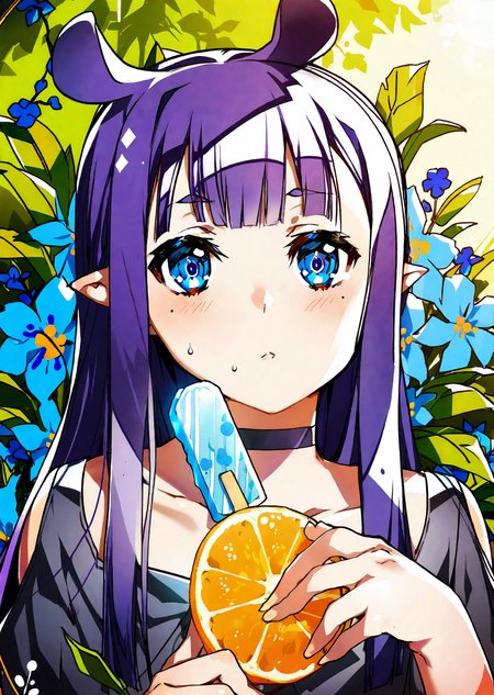 ninomae ina'nis, 1girl, virtual youtuber, popsicle, food, long hair, pointy ears, solo, sidelocks, mole under eye, bangs, purple hair, tentacle hair, multicolored hair, orange hair, gradient hair, blunt bangs, flower, mole, looking at viewer, blue flower, blue eyes, holding, very long hair, holding food, blush, eating, upper body, choker, animal ears
by bunbun,  graident