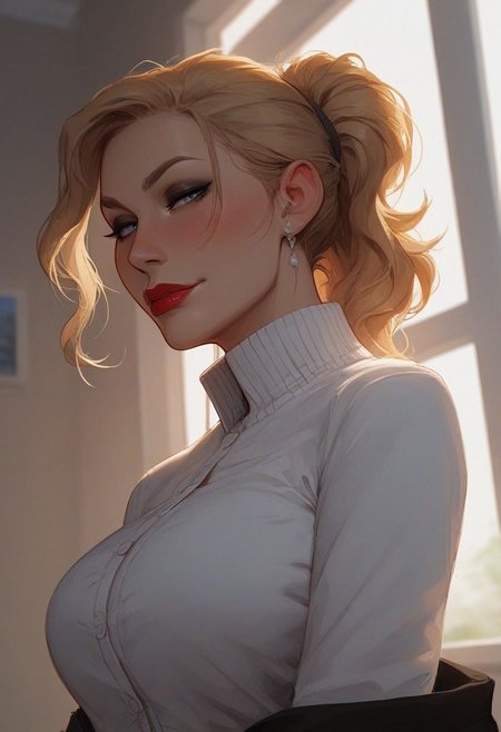 score_9, score_8_up, score_7_up, score_6_up, 1girl, pale skin, milf, mature woman, hair swept back, high ponytail hairstyle, blonde hair, eyeliner, half-closed eyes, white button-up business shirt, high collar, medium perky breasts,  white bedroom background, warm sunlight through window, depth of field, blurry background, blush, hot red lipstick, blue eyes, sexy smirk, black eyeshadow, gradient eyes, mid shot, slight low angle