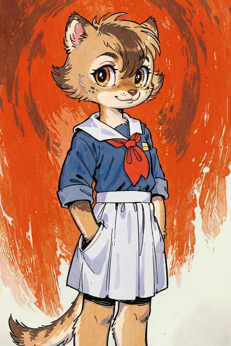 (anthro manul cat girl:1.3),tezuka osamu,golden eyes,grey hair,hair between eyes,grey_fur,paws
cccpuniform,white  apron,brown dress,red neckchief,looking at viewer,long sleeves,portrait, 
<lora:Perfect Hands:1><lora:osamu:0.9> 
<lora:æ°çåç²:0.7>   <lora:èå¼æ ¡æ:0.8> <lora:age_slider_v4:-2>, score_9, score_8_up, score_7_up, score_6_up, score_5_up, score_4_up,zPDXL