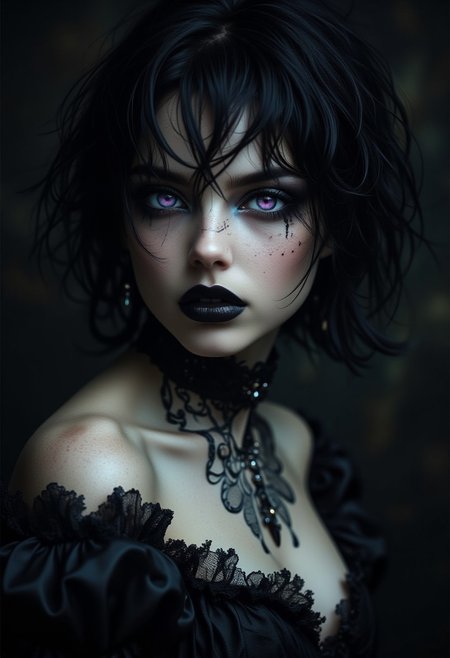 8k, masterpiece, best quality, highly detailed, hyper-realistic, A hyper-realistic portrait of a stunning supermodel, featuring a beautifully detailed face with captivating eyes and a serene expression, goth dress, frilled dress, large breasts, short hair, messy hair, black hair, hair between eyes, dead eyes, soulless eyes, purple eyes, goth makeup, black lipstick, masterpiece, best quality, amazing quality, very aesthetic, high resolution, ultra-detailed, dark background, dynamic lighting, photorealistic detail, detailed face, detailed eyes, detailed hair, depth of field, scenery, volumetric lighting