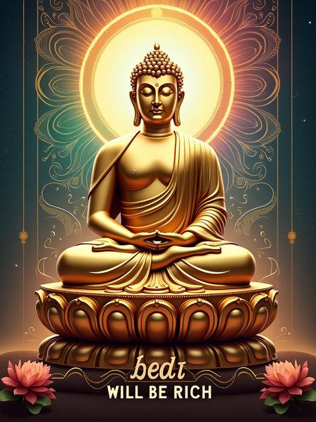 Revised Poster Design Concept: Golden Buddha Statue
Overall Style:

Luxurious and Serene with Vibrant Elements: The poster will showcase a Buddha statue made entirely of gold, emphasizing its metallic texture, but will now incorporate a colorful and intricate background to enhance visual appeal.
Buddha Statue Design:

Pose: The Buddha will remain in a classic seated pose, with a peaceful expression and gentle eyes, reflecting inner tranquility and wisdom.
Material Effect: The statue will have a smooth metallic finish, reflecting light to create a sense of opulence and divinity.
Background Design:

Colorful Aura: The background will feature a radiant, multi-colored aura surrounding the Buddha, reminiscent of traditional Buddhist art, incorporating shades of blue, pink, green, and yellow to symbolize enlightenment and positivity.
Complex Patterns: Integrate intricate mandala designs or swirling patterns in the background, adding depth and complexity to the overall visual.
Radiant Light:

Halo and Rays: Surrounding the Buddha, add a vibrant halo and dynamic rays of light in various colors, symbolizing wisdom and spirituality, enhancing the visual impact of the statue.
Text:

Phrase: At the bottom of the poster, maintain the phrase: "Whoever sees it will be rich."
Font Style: Use an elegant, bold font in a contrasting color, such as white or deep gold, ensuring it stands out against the colorful background.
Additional Elements:

Lotus Patterns: Incorporate detailed lotus motifs at the base of the statue or within the background, symbolizing purity and awakening, with a gradient of colors to match the overall theme.
Delicate Decorations: Add subtle geometric patterns or ornate golden embellishments in the background to enhance the overall artistic feel and richness of the design.
Overall Effect:
This revised poster will blend wealth and spirituality through the luxurious golden Buddha statue while incorporating vibrant colors and intricate designs to create a more dynamic and captivating visual. The colorful background and light effects will evoke a sacred atmosphere, while the text at the bottom reinforces the theme of prosperity. The overall design will not only attract viewers' attention but also inspire contemplation and a sense of awe.
