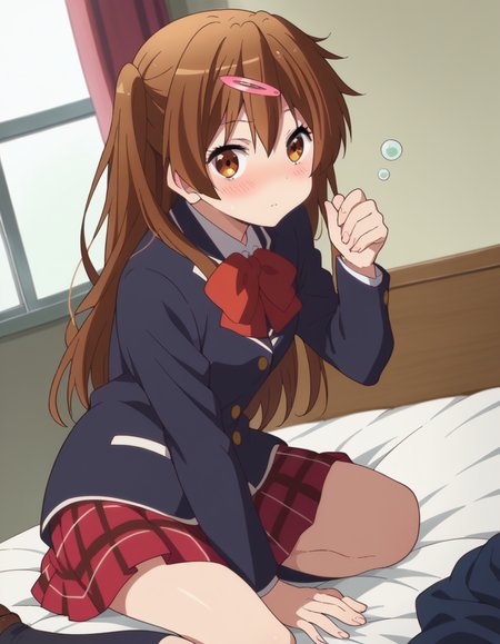 score_9, score_8_up, score_7_up, source_anime,
shinkanibutani, <lora:shinka-nibutani-s2-ponyxl-lora-nochekaiser:1>,
shinka nibutani, long hair, brown hair, hair ornament, brown eyes, hairclip, one side up,
skirt, school uniform, jacket, plaid, kneehighs, plaid skirt, blazer, icho private high school uniform, blue blazer,
indoors, bed, bed room, on side, blush, drunk,
looking at viewer, cowboy shot, dutch angle, solo,