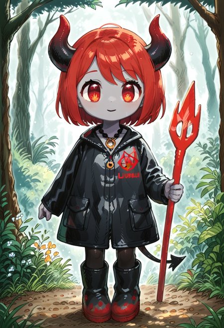 score_9, score_8_up, score_7_up, BREAK
highres, highly detailed, high resolution, high quality, 
source_anime, anime screencap, saturation, vivid colors, 
1girl, solo, luce, full body, standing, demon girl,
(dark red hair:1.2), (big dark red eyes:1.1), medium hair, cute, (grey skin:1.1), (horns:1.2), 
(long black raincoat:1.1), black rubber boots, 
pentagram necklace, holding one red trident, 
cute, bokeh,
blurry background, forest background, path,
ALobelStyle illustration