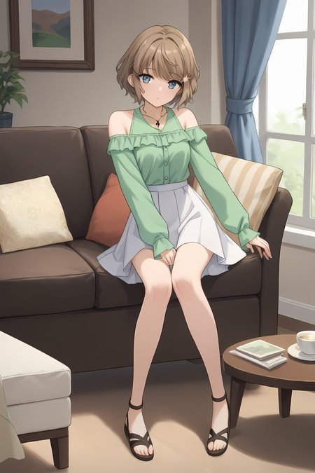 (green shirt bare shoulders long sleeves white skirt sandals:1.50), bgs-tomoe, brown hair, short hair, blue eyes, bangs, hairclip, star necklace,
medium breasts,
1girl, solo, skinny, (source_anime, score_9, score_8_up, score_8, score_7_up), score_7, score_6_up, score_6, score_5_up, score_5, 
(horny:1.10),
(living room:1.10),
(full body:1.20), (:1.10),
<lora:bgs-tomoe-V01-000003:0.60>