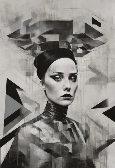 pop surrealism, rough crosshatch drawing pop art Lunatic_Portrait of a girl in latex, slick back, low bun, black makeup, sinister expression, intense glare, avant-garde, abstract, weird, geometric, constructivism, suprematism, rayonism, verticism, lineism, tj
