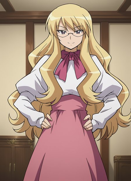 <lora:Eleonore-Zero_no_Tsukaima:0.85>,Eleonore,1girl,solo,blonde hair,long hair,glasses,dress,ribbon,cowboy shot,hands on own hips, looking at viewer, indoors,smile