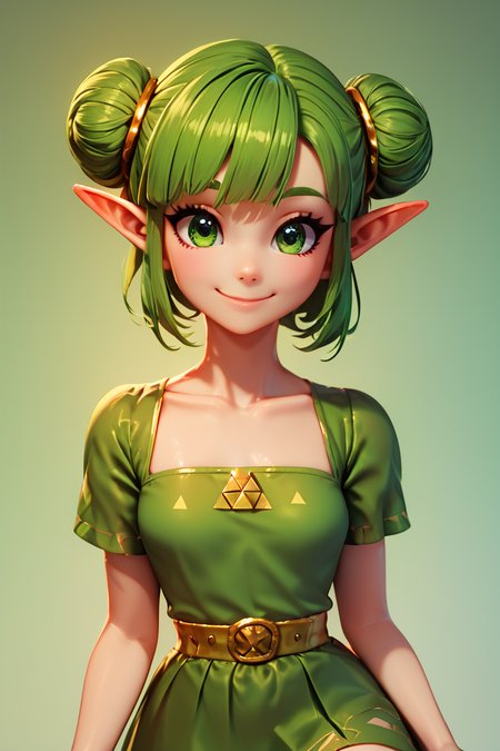 score_9, score_8_up, score_8, medium breasts, (curvy), cute, eyelashes,       BREAK, , zzFarore, green eyes, green hair, double bun, pointy ears,  bangs, green dress, collarbone, short sleeves  <lora:Farore_Zelda_PDXL:0.6>, , BREAK, smile, closed mouth, looking at viewer, cowboy shot, embedding:zPDXL, Expressiveh, <lora:BeautifulCAT_PDXL:1.0>,  <lora:SDXLFaeTastic2400:0.5>,  <lora:Expressive_H-000001:0.4>,