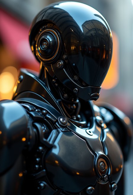 portrait of a guard android, robotic, mechanical, black reflective armour, metal plating, 80mm, f/1.8, dof, bokeh, depth of field
