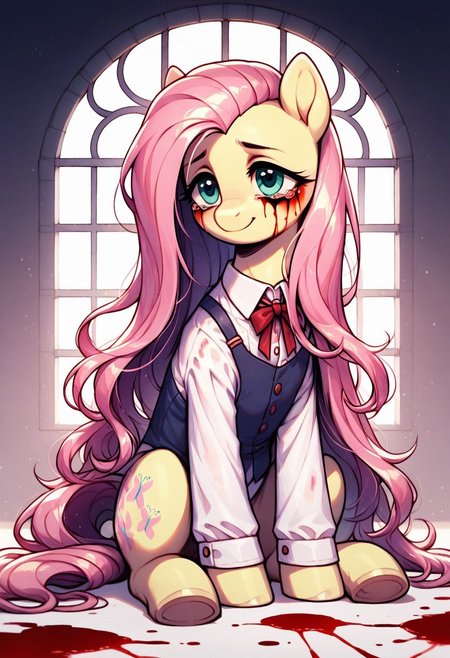 core_9, score_8_up, score_7_up, score_5_up,  score_anime, ((masterpiece)), ((best quality)), (high detail), (ultra detail), Fluttershy, pony, clouse-up face, smile, (Bloody tears), half-closed eyes, olorful blood, pastel style, dark gloomy background, sitting, perfect body proportions, bloody clothes, sitting by the window, flowing mane, cinematic lighting, detailed shading,ng, painterly brush strokes,