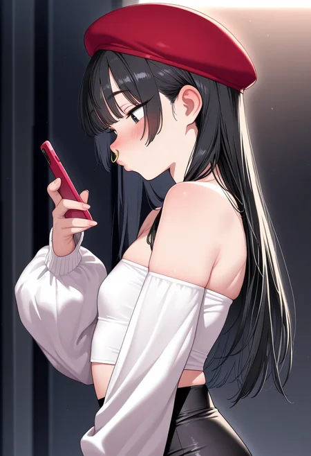 ultra detailed, masterpiece, best quality, solo, 1boy, adult, femboy, red beret, black hair, bangs, long hair, blush, white crop top, bare shoulders, baggy sleeves, strapless, long sleeves, red pencil skirt,  holding phone, hand up, feminine pose, puckered lips, from side, nose ring, cowboy sot, street, h0r1h3r0s, <lora:HORIEROS_Style_ILL:0.81>