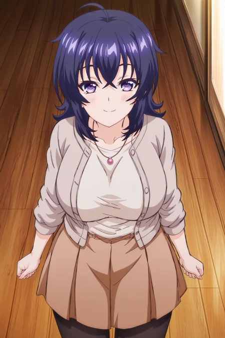 anime screencap, anime coloring, detailed face, masterpiece, best quality, very aesthetic, absurdres, volumetric lighting, official style, amazing quality, ultra detailed,  highres, amazing quality, scenery, beautiful detailed hair, beautiful detailed eyes, <lora:StS-Illustrious-Detail-Slider-v1.0:4>
 <lora:Touka_Tsudagawa_Fumika_Takayanagi_Kyouko_Sawai_and_Kyouko_Takayanagi_Mama_Katsu:1>
Fumika Takayanagi (character), 1girl, solo, blue hair, medium hair, hair between eyes, purple eyes, large breasts, necklace, black pantyhose, brown skirt,
indoors, wooden floor, cowboy shot, looking at the viewer, smile