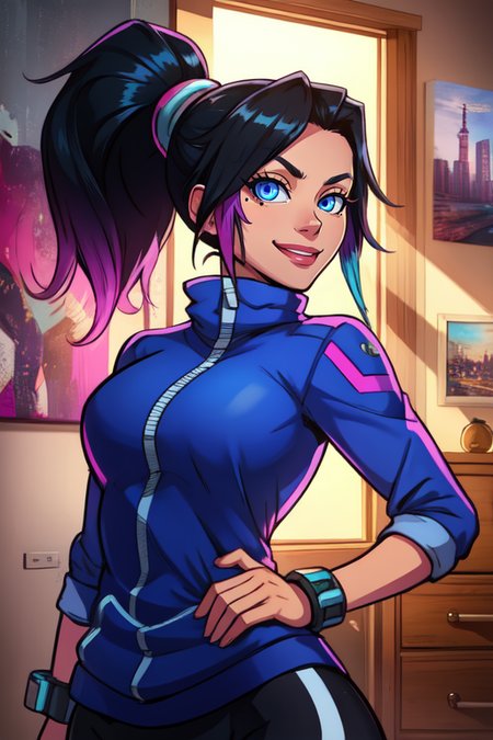 annflores. black hair, blue eyes,   ponytail,  mole under eye, 
multicolored  jacket, wrist cuffs, yoga pants,  zipper, 
smiling,   looking at viewer,  standing,  upper body,  
cyberpunk,  apartment,  indoors, 
 (insanely detailed, beautiful detailed face, masterpiece, best quality) 
 <lora:annflores:0.8>
