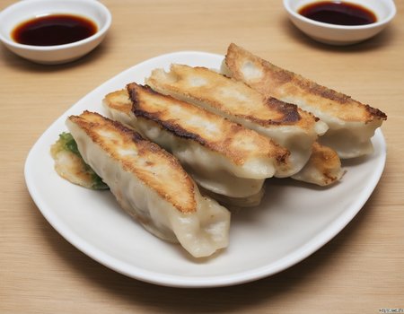 A delectable presentation of gote (dumplings) beautifully arranged on a plate. The gote are golden brown, freshly cooked with visible pleats, and garnished with herbs or a dipping sauce. The plate is set on a table with elegant tableware, perhaps with chopsticks or a traditional serving spoon. The scene should be as vivid and appetizing as a high-resolution photograph in a gourmet magazine, with warm and inviting lighting that emphasizes the texture and color of the gote , the shine of the sauce, and the elegance of the presentation, <lora:GT:0.75>,