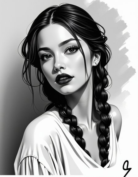 zavy-fnrt , This is a highly detailed, hyper-realistic black and white drawing of a young woman with a striking expression. She has a fair complexion, long, wavy hair styled in two braids that fall over her shoulders, and dark, expressive eyes that gaze directly at the viewer. Her lips are full and painted in a deep, rich shade of red, adding a dramatic contrast to the monochromatic background. She is partially draped in a loose, flowing garment that is rendered with soft, feathery strokes, giving it a delicate, almost ethereal texture. Her physique is slender, and she is posed in a three-quarter view, turning her head slightly to the left. The background is minimalistic and abstract, consisting of soft, smudged lines and gradients that emphasize the subject without distracting from her features. The overall style of the drawing is highly realistic, with meticulous attention to detail in the textures and shadows, creating a sense of depth and realism. The image conveys a sense of intimacy and sensualism. <lora:ck-greasepencil__:1> <lora:Add_More_details_Flux:1>