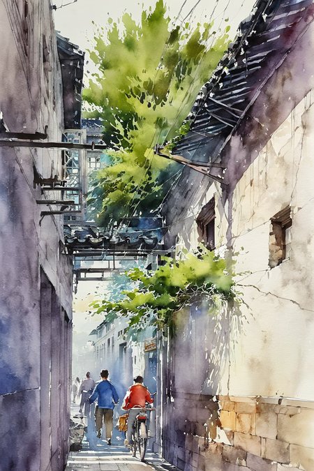 thomas schaller watercolor style works,overlooking the buildings on both sides of the river in the ancient city of suzhou,wooden doors and windows,brick wall,vine plant,stone bridge,fishing boat,the stone steps by the river,wharf,objects,lotus,small trees,by Michael William Kaluta and Rodney Matthews. Dynamic illustration composition. Watercolor with ink embellishment,rich details,excellent quality,deep colors,perfect composition. Intricate details. Minimalist background with beautiful lines. Ink embellishment,delicate watercolor wet wash,bright color reflections,soft colors,wet and dry watercolor,pen and light color style,<lora:Suzhou alley architecture:0.7>,suzhou,<lora:é¢ç¬ç»é£æ ¼_sdxl:0.9>,Pen and light color style,morning,fog,<lora:Watercolor _sdxl:1.2>, Watercolor style,