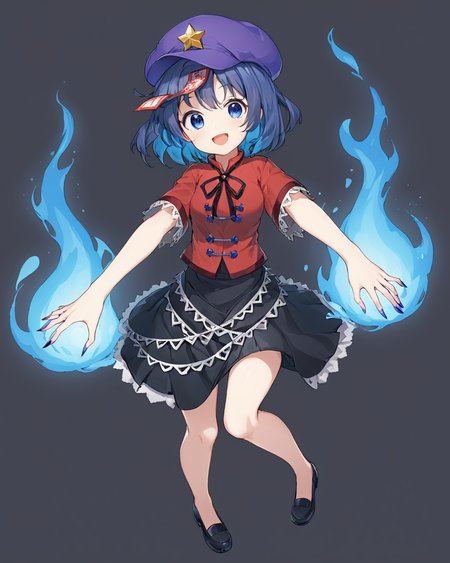 miyako yoshika,1girl, solo, star_\(symbol\), white_background, open_mouth, hitodama, full_body, ofuda, short_sleeves, black_skirt, star_hat_ornament, simple_background, jiangshi, sharp_fingernails, red_shirt, cabbie_hat, black_ribbon, black_footwear, zombie_pose, blue_fire, long_fingernails, wide_sleeves, purple_headwear, looking_at_viewer, lace-trimmed_sleeves, nail_polish, neck_ribbon, tangzhuang, teeth, medium_breasts, smile
<lora:miyako_yoshika_image2483_2023-12-20:1>,star-shaped_pupils,symbol-shaped_pupils,. gorgeous,key visual, vibrant, studio anime,award-winning, professional, highly detailed,high budget, cinemascope