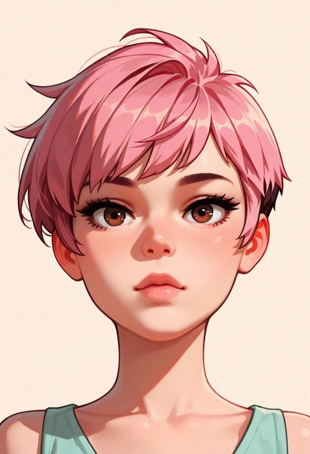 chibi, high contrast, masterpiece, best quality, amazing quality, very aesthetic, retro artstyle, realistic, promotional art, newest, volumetric lighting.
(artist:incase:0.5), (artist:tsuaii:0.5), color theory,
1girl, face, solo, straight-on, focus on face, front view, portrait, Pixie cut, pink hair, brown eyes, luminescent background, simple background.